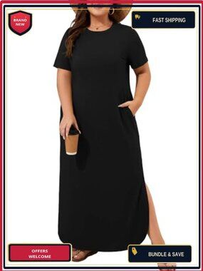 Plus Size Maxi Dress for Women Summer Casual Long T Shirt Dress Crew Neck Flowy